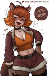  ahoge animal_ears breasts brown_shorts cleavage closed_mouth collar crop_top english_text female fur-trimmed_shorts fur_trim furry furry_female hand_on_own_hip highres marvel marvel_rivals midriff navel oerba_yun_fang open_mouth orange_tank_top short_hair short_shorts shorts simple_background smug solo speech_bubble squirrel_ears squirrel_girl squirrel_girl_(marvel) squirrel_tail tail tank_top whisperfoot white_background 