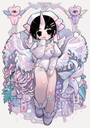  absurdres angel angel_wings bear black_eyes black_hair breasts choker cleavage commentary_request creature empty_eyes female flower highres iridescent looking_at_viewer mino_(kirarayakubou) nurse original pastel_colors rainbow shoes short_hair solo unicorn_horn wings 