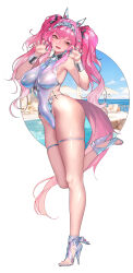  absurdres animal_ears beach_umbrella black_ribbon blue_sky border bracelet breasts claw_pose cloud cloudy_sky covered_navel covered_nipples eyebrows_hidden_by_hair eyes_visible_through_hair fake_animal_ears female hair_ribbon hairband high_heels highleg highleg_one-piece_swimsuit highres ina_(mikamixx) jewelry large_breasts leg_up looking_at_viewer lupa_(wuthering_waves) ocean oerba_yun_fang one-piece_swimsuit outside_border pink_hair pool ribbon silver_bracelet sky slit_pupils smile solo standing summer swimsuit tail thigh_strap thighs turtleneck turtleneck_one-piece_swimsuit twintails umbrella white_background white_border white_hairband white_one-piece_swimsuit wolf_ears wolf_girl wolf_tail wuthering_waves yellow_eyes 