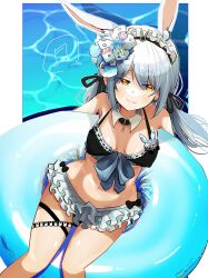  :3 animal_ears bikini bikini_skirt black_bikini breasts detached_collar female flower frilled_bikini frills from_above hair_flower hair_ornament hair_ribbon highres hololive holonatsu_paradise innertube long_hair looking_at_viewer maid maid_bikini maid_headdress mattsu_mt medium_breasts musical_note navel official_alternate_costume orange_eyes outdoors rabbit_ears rabbit_girl ribbon smile solo spoken_musical_note swim_ring swimsuit thick_eyebrows thigh_strap twintails unconventional_maid usada_pekora usada_pekora_(holonatsu_paradise) virtual_youtuber white_hair yellow_eyes 