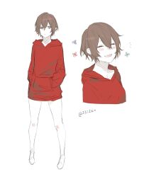  1other 23i2ko :d blue_eyes blush brown_hair closed_eyes double-parted_bangs hair_between_eyes hands_in_pockets head_tilt highres hood hood_down hoodie multiple_views original oversized_clothes red_hoodie short_hair smile spread_legs standing twitter_username 