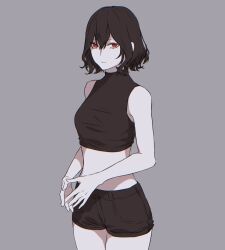  23i2ko :| bob_cut brown_hair brown_shirt brown_shorts closed_mouth cowboy_shot female grey_background halterneck interlocked_fingers looking_at_viewer original red_eyes shirt short_hair shorts simple_background solo stomach 