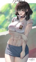  abs absurdres antenna_hair arm_at_side arm_under_breasts artist_name black_choker blurry blurry_background blush bra_visible_through_clothes breast_pocket breasts brown_eyes brown_hair choker collarbone collared_shirt commentary cowboy_shot crop_top crossed_bangs dated day depth_of_field earrings embarrassed emblem english_commentary female grey_skirt hair_between_eyes hand_on_own_elbow highres jewelry large_breasts letterboxed long_bangs microskirt muscular muscular_female navel open_mouth original outdoors outside_border pencil_skirt pocket school_uniform shirt short_hair_with_long_locks short_sleeves skirt skirt_tug standing stomach stud_earrings sunlight tree undersized_clothes white_shirt zaenathi 
