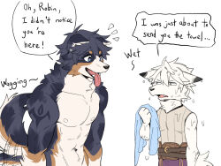  2boys abs animal_ears annoyed bara chrom_(fire_emblem) dog_boy dog_ears dog_tail english_commentary english_text fangs fire_emblem fire_emblem_awakening fox_boy fox_ears fox_tail furrification furry furry_male highres koge_(natsub_bkoge) looking_at_another male_focus male_robin_(fire_emblem) multiple_boys muscular muscular_male navel nipples notice_lines open_mouth pectorals speech_bubble tail tail_wagging tongue tongue_out wet white_background 