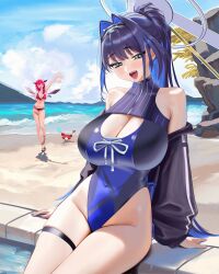  2girls absurdres black_jacket blue_eyes blue_hair blue_one-piece_swimsuit blue_sky breasts cleavage cleavage_cutout clothing_cutout cloud colored_inner_hair commentary day english_commentary hair_intakes highleg highleg_one-piece_swimsuit highres hololive hololive_english holonatsu_paradise irys_(hololive) irys_(holonatsu_paradise)_(hololive) itszenvy jacket large_breasts looking_at_viewer multicolored_hair multiple_girls ocean off_shoulder official_alternate_costume one-piece_swimsuit open_mouth ouro_kronii ouro_kronii_(holonatsu_paradise) outdoors ponytail sitting sky solo_focus swimsuit virtual_youtuber waving 