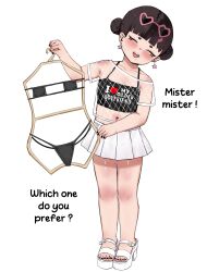  bikini black_hair double_bun eyepatch_bikini eyewear_on_head female hair_bun highres kitavana micro_bikini mole mole_on_thigh mole_under_mouth navel original short_hair simple_background sunglasses swimsuit swimsuit_hanger white_background 