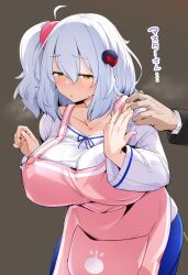  1boy angakoq apron blue_skirt blush bombergirl breasts brown_background cowboy_shot female hair_ornament half-closed_eyes hand_on_another&#039;s_shoulder heavy_breathing highres jewelry large_breasts pink_apron raised_eyebrows ring shiroe_(bombergirl) shirt side_ponytail skirt sphere_hair_ornament striped_clothes striped_shirt vertical-striped_clothes vertical-striped_shirt wedding_ring white_hair white_shirt yellow_eyes 