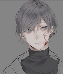  1boy 23i2ko averting_eyes bags_under_eyes blood blood_on_face blue_eyes grey_background grey_hair grey_jacket head_tilt jacket leslie_withers light_frown male_focus short_hair simple_background solo the_evil_within turtleneck twitter_username upper_body 