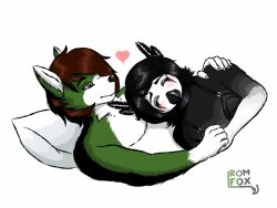  2024 4:3 anthro avian bird black_body black_clothing black_collar black_hair blush bra brown_hair canid canine canis claws closed_eyes clothed clothing collar corvid digital_media_(artwork) duo feathers female green_body grey_eyes hair heart_symbol hi_res hug hugging_another humanoid hybrid love male male/female mammal merky_(ponytown) multicolored_body oscine owl passerine pillow rom_(romina) romantic romantic_couple romfox simple_background underwear watermark white_background wolf 