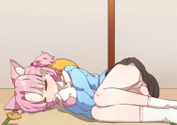 animal_ear_fluff animal_ears black_skirt blue_archive blue_shirt cat_ears cat_girl cat_tail chlorella_observation_club_member_(blue_archive) closed_eyes female hair_bobbles hair_ornament highres hugging_own_tail hugging_tail kindergarten_uniform lying miniskirt mountain_han on_side panties pink_hair shirt short_hair skirt sleeping smile socks tail underwear white_socks 