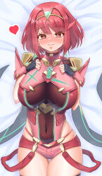  absurdres blush breasts cowboy_shot earrings female heart highres huge_breasts impossible_clothes jewelry lying meipasuye on_back on_bed pyra_(xenoblade) red_eyes red_hair red_shorts short_hair shorts solo xenoblade_chronicles_(series) xenoblade_chronicles_2 