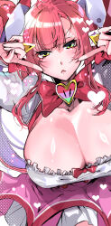  absurdres bow bowtie breasts cleavage cowboy_shot dress female fingers_to_cheeks green_eyes hair_ornament hair_ribbon heart heart-shaped_ornament highres large_breasts long_hair looking_at_viewer magical_girl mahjong_fight_girl masahiro_eto mitsumoto_dia mole mole_under_eye out_of_frame pink_bow pink_bowtie pink_hair pink_skirt ribbon shiny_skin skirt twintails v-shaped_eyebrows white_dress white_ribbon 