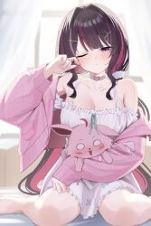  absurdres ai_(u_e_o_o) azki_(7th_costume)_(hololive) azki_(hololive) barefoot black_hair blunt_bangs breasts cardigan choker cleavage colored_inner_hair commentary_request cropped_cardigan cross-laced_clothes cross-laced_sleeves dress empire_waist female frilled_dress frills hand_up highres holding hololive indoors large_breasts long_hair looking_at_viewer low_twintails mole mole_under_eye multicolored_hair off-shoulder_dress off_shoulder official_alternate_costume official_alternate_hairstyle one_eye_closed parted_lips pink_cardigan pink_choker pink_hair pioneer_(azki) purple_eyes short_dress sidelocks sitting solo straight-on streaked_hair twintails very_long_hair virtual_youtuber white_dress white_hair 