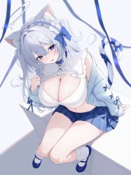  absurdres animal_ear_fluff animal_ears blue_bow blue_eyes blue_jacket blue_skirt blush bow breasts cat_ears cat_girl cat_tail cleavage cleavage_cutout clothing_cutout cropped_shirt female grey_hair hairbow halo headdress highres indie_virtual_youtuber jacket large_breasts midriff namedango_(uouodango) navel nekone_uyu open_clothes open_jacket parted_lips pleated_skirt shirt shoes sitting skirt smile socks solo tail virtual_youtuber white_shirt white_socks 