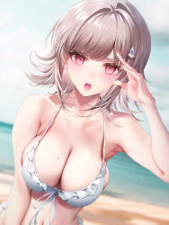  absurdres arm_up bare_arms beach bikini blurry blurry_background breasts cleavage collarbone commentary danganronpa_(series) danganronpa_2:_goodbye_despair female frilled_bikini frills grey_hair grey_sky halterneck highres junpaku_karen large_breasts looking_at_viewer medium_hair mole mole_on_breast nanami_chiaki navel ocean open_mouth outdoors pink_eyes pink_hair salute short_hair skindentation sky solo spaceship_hair_ornament stomach swimsuit teeth upper_body upper_teeth_only white_bikini 