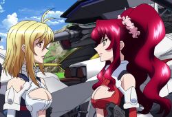 2girls ahoge angelise_ikaruga_misurugi bare_shoulders blonde_hair bodysuit breasts cleavage cleavage_cutout closed_mouth clothing_cutout cloud couple cross_ange day eye_contact hair_between_eyes hair_ornament hair_scrunchie hilda_(cross_ange) large_breasts lips lipstick long_hair looking_at_another makeup medium_breasts multiple_girls non-web_source out_of_frame outdoors parted_lips pink_lips pink_scrunchie purple_eyes red_bodysuit red_eyes red_hair revealing_clothes scrunchie short_hair shoulder_cutout sidelocks sky smile standing straight_hair twintails upper_body white_bodysuit 