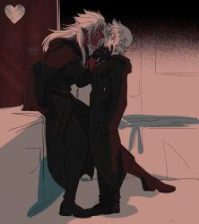  2boys absurdres black_boots black_coat_(kingdom_hearts) black_gloves blush boots clenched_hands closed_mouth dark-skinned_male dark_skin english_commentary gloves grey_hair hand_on_another&#039;s_face heart-shaped_moon highres kingdom_hearts long_hair looking_at_another male_focus moon multiple_boys nekokat42 oerba_yun_fang open_mouth orange_eyes pointy_ears roxas seductive_smile short_hair sitting smile spiked_hair standing xemnas yaoi 