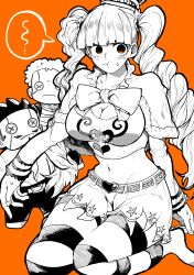  absurdres belt blush breasts button_eyes buttons character_doll cleavage commentary_request crop_top cropped_shirt crown doll dracule_mihawk female greyscale_with_colored_background groin highres large_breasts midriff monochrome navel one_piece orange_background orange_eyes pantyhose perona pout ribbon roronoa_zoro simple_background skirt solo speech_bubble spot_color striped_clothes striped_pantyhose stuffed_toy sweatdrop thighs twintails yotsumi_shiro 