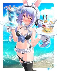  absurdres animal_ears beach bikini black_thighhighs blue_hair blush breasts day female hair_ornament highres hololive holonatsu_paradise jun_(noiji_guren_0220) long_hair looking_at_viewer maid maid_bikini maid_headdress navel official_alternate_costume one_eye_closed open_mouth outdoors rabbit_ears sky small_breasts smile solo swimsuit tail thighhighs tray twintails unconventional_maid usada_pekora usada_pekora_(holonatsu_paradise) virtual_youtuber 
