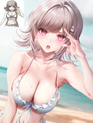  absurdres arm_up bare_arms bikini blurry blurry_background breasts cleavage collarbone commentary danganronpa_(series) danganronpa_2:_goodbye_despair female grey_hair grey_sky highres junpaku_karen large_breasts looking_at_viewer mole mole_on_breast nanami_chiaki navel ocean open_mouth outdoors pink_hair reference_inset salute short_hair skindentation sky solo spaceship_hair_ornament swimsuit teeth upper_teeth_only white_bikini 