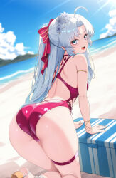  4ddd ahoge all_fours armlet ass bare_arms beach blue_sky blurry blurry_background bow bracelet carlotta_(wuthering_waves) casual_one-piece_swimsuit cloud day dutch_angle female flower green_eyes hair_flower hair_intakes hair_ornament hairbow head_wreath highres jewelry long_hair looking_at_viewer looking_back ocean one-piece_swimsuit outdoors red_bow red_one-piece_swimsuit skindentation sky solo striped_bow summer swimsuit thigh_strap very_long_hair white_flower white_hair wuthering_waves 
