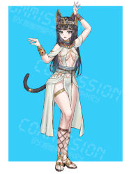  absurdres animal_ears arm_up black_hair bracelet breasts brown_eyes cat_ears cat_girl cat_tail circlet dancer female full_body gladiator_sandals highres huihuang_rongyao jewelry long_hair medium_breasts original ring sandals solo tail thighlet uraeus usekh_collar watermark 