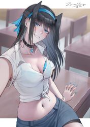  absurdres arm_support bike_shorts black_choker black_hair black_shorts blue_bra blue_eyes blue_hairband blue_nails blue_ribbon blush bra bra_visible_through_clothes breast_pocket breasts chair choker classroom cleavage collarbone collared_shirt commentary cowboy_shot desk english_commentary fake_nails female fingernails grey_skirt grin hair_ribbon hairband half_updo head_tilt heart heart_choker highres indoors large_breasts letterboxed long_fingernails long_hair looking_at_viewer midriff miniskirt navel on_desk original outside_border outstretched_arm pencil_skirt pocket ribbon school_chair school_desk school_uniform selfie shirt short_sleeves shorts shorts_under_skirt sitting skirt smile solo straight_hair tied_shirt underwear white_shirt wing_collar wristband zaenathi 