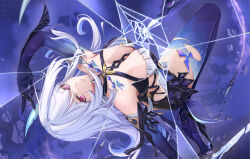  arms_up breasts broken_glass dealesis dress female genshin_impact glass highres knee_up long_hair looking_at_viewer medium_breasts purple_background purple_eyes purple_hands purple_thighhighs skirk_(genshin_impact) smile solo thighhighs upside-down white_dress white_hair 