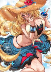  bikini black_bikini blue_sarong blush breasts chie00chan cleavage closed_mouth cowboy_shot cynthia_(pokemon) female great_ball hair_over_one_eye hat large_breasts navel parted_lips poke_ball pokemon pokemon_dppt pokemon_masters_ex sarong shirt smile solo straw_hat sunlight swimsuit tied_shirt white_shirt 