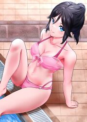  alternate_costume bare_shoulders bikini black_hair blue_eyes blush breasts cleavage closed_mouth collarbone female hibike!_euphonium highres kasaki_nozomi large_breasts long_hair myjiq navel outdoors pink_bikini ponytail pool poolside smile solo stomach swimsuit water 