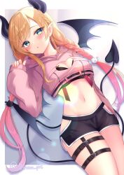  black_bra black_shorts blonde_hair blue_eyes bra breasts cleavage cleavage_cutout clothing_cutout cropped_shirt demon_girl demon_horns demon_tail demon_wings female heart_cutout highres hololive hood hood_down hoodie horns long_hair navel pink_hoodie pointy_ears shirokumo_chromu shorts simple_background solo tail twitter_username underwear virtual_youtuber white_background wings yuzuki_choco yuzuki_choco_(roomwear) 