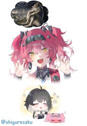  2girls absurdres black_bow black_hair blush bow claw_pose collar commentary earrings english_commentary female_rover_(wuthering_waves) fingernails flying_sweatdrops hairband hairbow headgear highres jewelry long_fingernails long_hair looking_at_viewer lupa_(wuthering_waves) metal_collar metal_hairband multiple_girls objectification open_mouth pink_hair red_pupils rover_(wuthering_waves) screenshot_inset sharp_fingernails sharp_teeth shigureszku simple_background teeth twitter_username white_background wuthering_waves yellow_eyes 