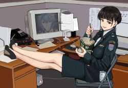  ayanami_rei black_shoes breasts chair commentary computer computer_mouse computer_tower desk female folding_chair green_jacket green_skirt grin highres holding holding_spoon jacket legs long_sleeves looking_at_viewer military_dress_uniform military_uniform monitor neon_genesis_evangelion on_chair original pencil_skirt phone ribbon_bar shoes sitting skirt smile solo spoon symbol-only_commentary united_states_forces_korea wani_(perfect_han) 