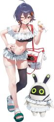  absurdres alternate_costume bag bangboo_(zenless_zone_zero) bare_shoulders belle_(zenless_zone_zero) bikini black_bikini black_thighhighs blue_hair blue_nails breasts collarbone crossed_bangs female full_body green_eyes hair_between_eyes hair_ornament highres holding jewelry letter_hair_ornament looking_at_viewer nail_polish navel necklace off-shoulder_bikini off_shoulder one_eye_covered rkin short_hair simple_background single_thighhigh skindentation skirt smile solo standing stomach swimsuit thigh_strap thighhighs thighs toes transparent_background white_skirt zenless_zone_zero 