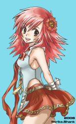  2000s_(style) 2006 arms_behind_back artist_name belt blue_background breasts brown_belt commentary_request cowboy_shot female flower grey_eyes grey_shirt hair_flower hair_ornament hand_up hip_vent john_(strike-shank) long_hair looking_at_viewer looking_to_the_side medium_breasts open_mouth pink_hair ragnarok_online red_flower red_skirt shirt sideboob simple_background skirt sleeveless sleeveless_shirt smile solo taekwon_(ragnarok_online) 