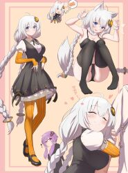  1boy 2girls :3 ^_^ ahoge animal_ears arm_hug black_bra black_dress black_panties black_thighhighs blue_eyes blush bra braid breasts claw_pose cleavage closed_eyes commentary dress elbow_gloves fingerless_gloves fox_ears fox_girl fox_tail gloves hair_ornament happy heart highres kizuna_akari large_breasts long_hair master_(vocaloid) multiple_girls orange_pantyhose panties pantyhose pinafore_dress puffy_short_sleeves puffy_sleeves purple_eyes purple_hair ruttse short_sleeves sidelocks sleeveless sleeveless_dress smile striped_clothes striped_pantyhose tail thighhighs translated twin_braids underwear vertical-striped_clothes vertical-striped_pantyhose very_long_hair vocaloid voiceroid white_hair yuzuki_yukari 