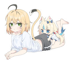  2girls ahoge animal_ear_fluff animal_ears barefoot black_hair black_shorts blonde_hair blue_bow blue_hair blunt_bangs bow breasts cat_ears chibi clothes_in_mouth clothes_pull crossed_ankles crossed_bangs dolphin_shorts dooby_(vtuber) dress feet_up fins fish_girl fish_tail frilled_sailor_collar frills green_eyes hair_between_eyes hairbow indie_virtual_youtuber jerboa_tail lifebuoy_hair_ornament looking_at_viewer lying medium_breasts mouse_girl multicolored_hair multiple_girls on_stomach sailor_collar sailor_dress sameko_saba shirt short_hair shorts shorts_pull sidelocks single_bare_shoulder single_off_shoulder tail tail_raised tail_tuft ugaaaa1 virtual_youtuber white_background white_shirt yuri 