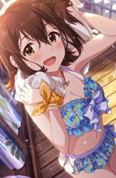  bare_shoulders bikini blue_bikini blush bow bracelet breasts brown_eyes brown_hair cleavage collarbone cropped female floral_print idolmaster idolmaster_million_live! jewelry kasuga_mirai looking_at_viewer medium_breasts midriff navel official_art open_mouth scrunchie short_hair smile solo swimsuit third-party_source towel towel_around_neck water water_drop wet yellow_eyes 