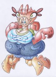  2025 absurd_res anthro arthropod big_breasts blue_clothing breasts claws clothing crab crustacean decapod female green_eyes hi_res malacostracan shar0makai simple_background solo thick_thighs traditional_media_(artwork) white_background 