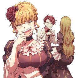  1boy arm_under_breasts beatrice_(umineko) black_dress blonde_hair breasts closed_eyes closed_mouth collarbone commentary_request dress female flower hair_down hair_flower hair_ornament highres hswoimuxk0pwr0h_(bbdan) invisible_chair large_breasts multiple_views red_flower red_hair red_rose rose simple_background sitting smile teeth umineko_no_naku_koro_ni upper_teeth_only ushiromiya_battler wavy_hair white_background 