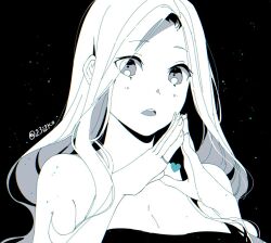  23i2ko :o black_eyes breasts cleavage colored_lineart female hair_flowing_over hair_over_shoulder heart jewelry long_hair looking_at_viewer monochrome open_mouth original partially_colored ring solo sparkling_eyes star_(sky) starry_sky_background steepled_fingers upper_body white_hair 