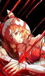  3year_etarou absurdres black_background blood blood_on_hands breasts cleavage crying crying_with_eyes_open dress ear_ribbon expressionless female highres multicolored_hair off-shoulder_dress off_shoulder parted_lips pool_of_blood red_dress red_eyes red_hair red_ribbon ribbon simple_background solo still_in_love_(umamusume) streaked_hair streaming_tears tears umamusume vambraces veil watermark white_hair white_veil 