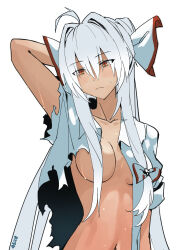  absurdres arm_behind_head arm_up blush bow breasts closed_mouth collarbone collared_shirt female frown fujiwara_no_mokou hair_censor hair_over_breasts hair_over_one_breast hairbow highres kakaricho_dairi long_hair medium_breasts midriff navel open_clothes open_shirt ponytail red_bow red_eyes shirt short_sleeves solo stomach sweat tan torn_clothes torn_shirt touhou two-tone_bow upper_body white_bow 