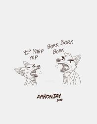  2025 aar0njay anthro canid canine canis clothed clothing disney dreamworks duo eyebrows fangs fox fur hi_res male mammal monochrome mr._wolf_(the_bad_guys) necktie nick_wilde open_mouth teeth the_bad_guys tongue wolf zootopia 