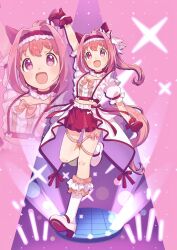  :d animal_ears arm_up bow breasts cleavage commentary_request ear_bow female flower-shaped_pupils frilled_socks frills gloves hair_intakes hairband haru_urara_(umamusume) high_heels highres horse_ears horse_girl horse_tail horseshoe jacket midriff moko39_takasora pink_background pink_bow pink_hair pleated_skirt ponytail puffy_short_sleeves puffy_sleeves purple_eyes red_gloves red_hairband red_skirt shirt shoes short_sleeves skirt smile socks solo symbol-shaped_pupils tail umamusume white_bow white_jacket white_shirt white_shoes zoom_layer 