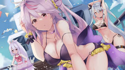  3girls armpits azur_lane bikini breasts flat_chest grenville_(azur_lane) highres laffey_(azur_lane) large_breasts long_hair multiple_girls outdoors ponytail prinz_eugen_(azur_lane) purple_hair red_eyes side_ponytail swimsuit tonchinkan twintails very_long_hair white_hair yellow_eyes 