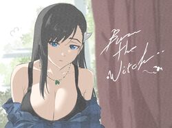  bare_shoulders black_hair black_tank_top blue_eyes breasts burn_the_witch cleavage closed_mouth commentary_request curtains female hair_behind_ear highres horns jewelry large_breasts mitsugu necklace niihashi_noel plaid plaid_shirt shirt single_horn single_sidelock solo swept_bangs tank_top unworn_shirt window 