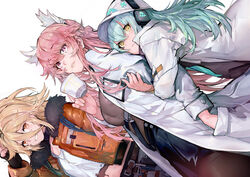  3girls absurdres animal_ears antonina_(neural_cloud) aqua_hair arm_hug black_skirt blonde_hair breasts commentary cup dutch_angle extra_ears fur_collar girls&#039;_frontline girls&#039;_frontline_neural_cloud grin hair_between_eyes hand_in_pocket hat headphones highres holding holding_cup jacket jewelry konton_shujin lab_coat large_breasts long_hair looking_at_viewer multiple_girls necklace orange_jacket persicaria_(neural_cloud) pink_eyes pink_hair shirt sidelocks simple_background skirt smile sol_(neural_cloud) symbol-only_commentary white_background white_headwear white_shirt yellow_eyes 