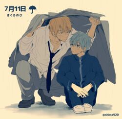  2boys black_footwear black_necktie blonde_hair blue_eyes blue_hair blue_jacket blue_pants blush collarbone collared_shirt commentary_request dated dripping eye_contact grey_jacket grey_pants hair_between_eyes holding holding_clothes holding_jacket hugging_own_legs improvised_umbrella jacket kise_ryouta kuroko_no_basuke kuroko_tetsuya long_sleeves looking_at_another loose_necktie male_focus mashima_shima multiple_boys necktie own_hands_together pants rain school_uniform shadow shared_clothes shared_coat shirt shoes short_hair sitting squatting track_jacket track_pants track_uniform twitter_username unworn_jacket water_drop wet wet_face wet_hair white_footwear white_shirt yaoi yellow_background yellow_eyes 