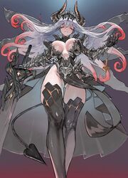  absurdres ass_visible_through_thighs breasts closed_mouth colored_eyelashes commentary_request cross crown demon_girl demon_horns demon_tail female gauntlets gradient_hair greatsword highres holding holding_sword holding_weapon horns kahill korean_commentary large_breasts long_hair looking_at_viewer multicolored_hair original red_eyes red_hair simple_background solo standing sword tail thighhighs two-tone_hair weapon white_hair 